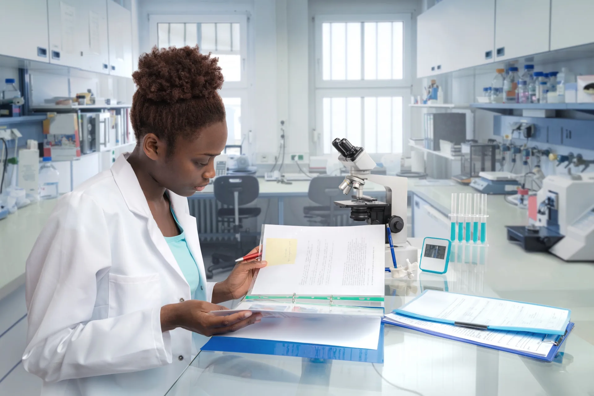 Pharmaceutical researcher working with laboratory microscope and dossiers